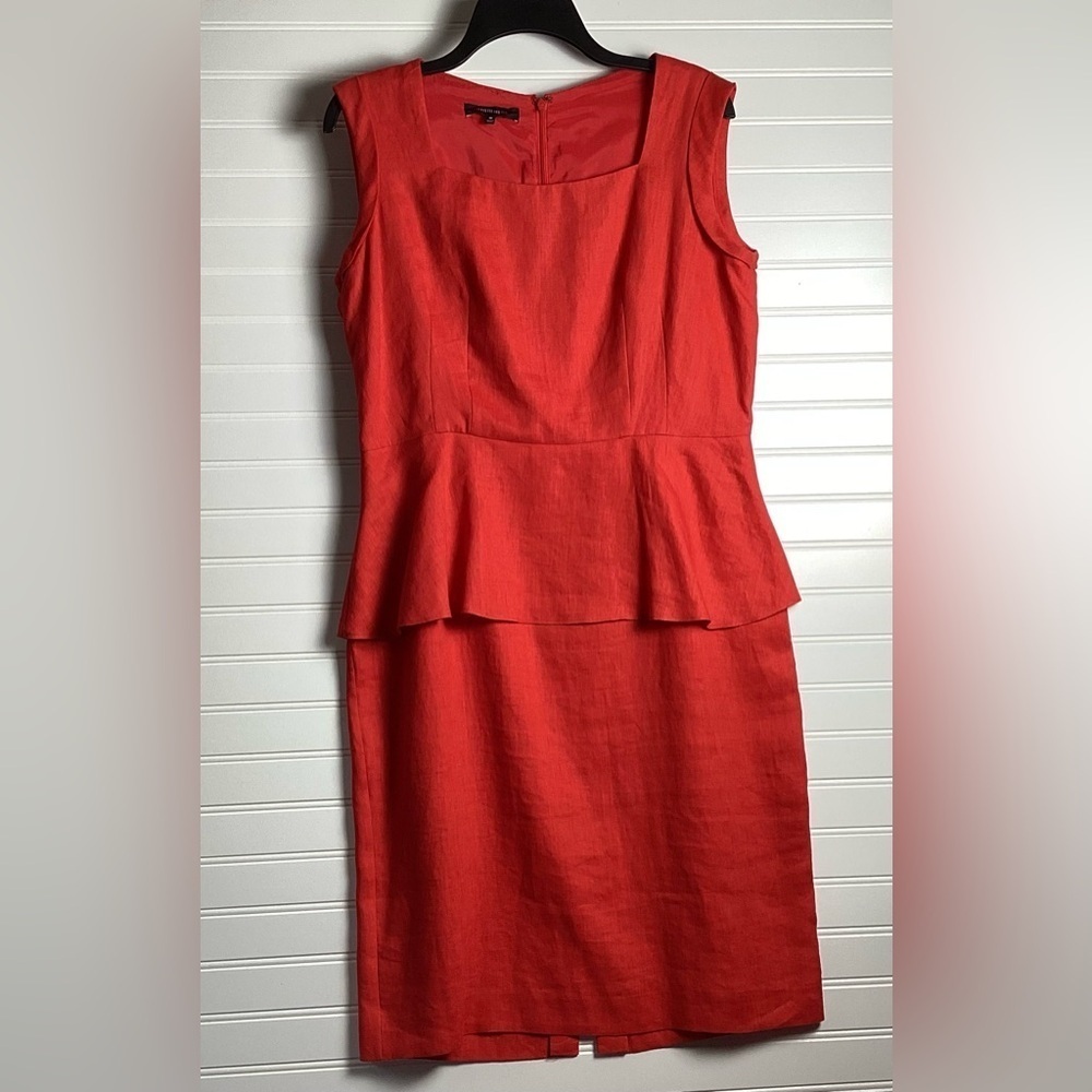 Lafayette 148 New York Red Linen Peplum Sheath Dress Size 10 Square Neck Career